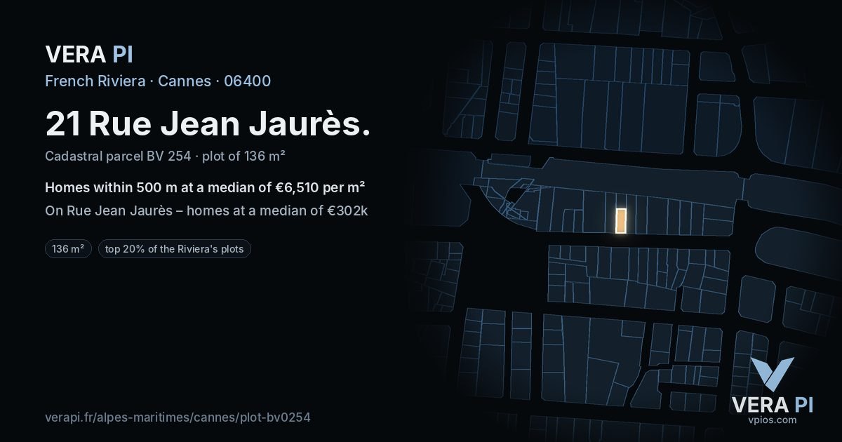 21 Rue Jean Jaurès, Cannes at night – the plot lit, the parcels around coloured by the prices near them
