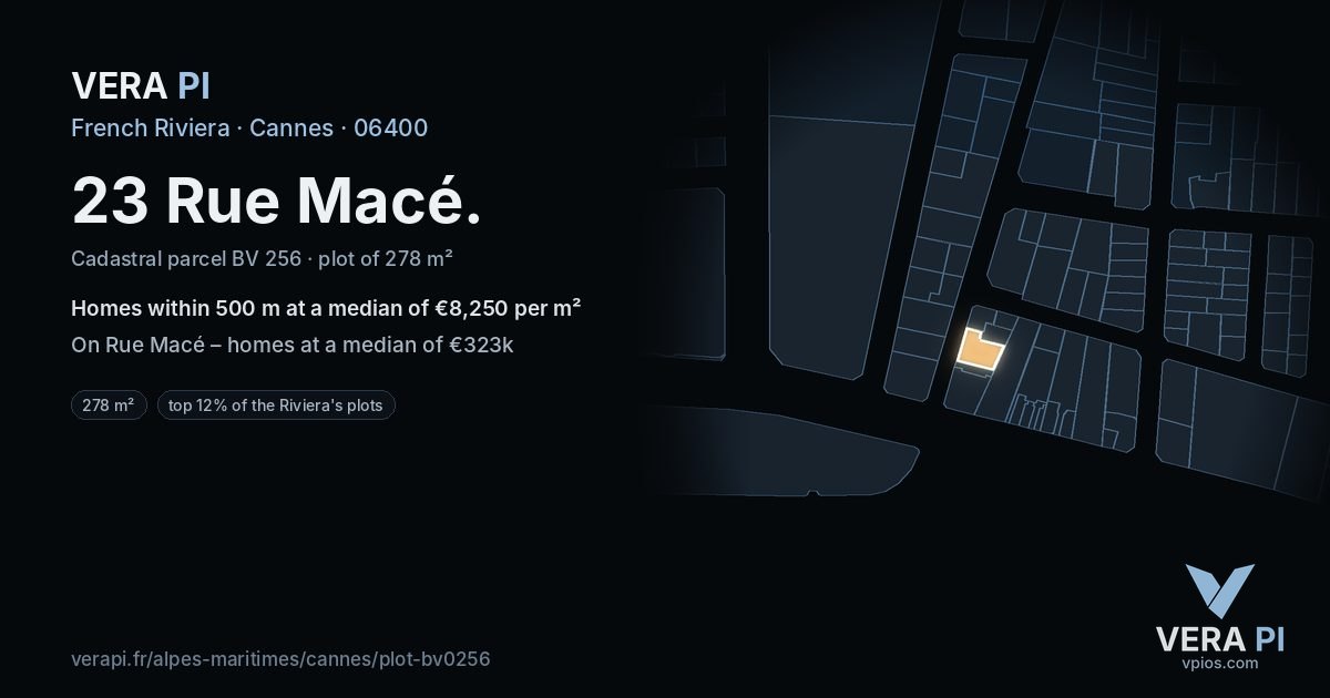 23 Rue Macé, Cannes at night – the plot lit, the parcels around coloured by the prices near them