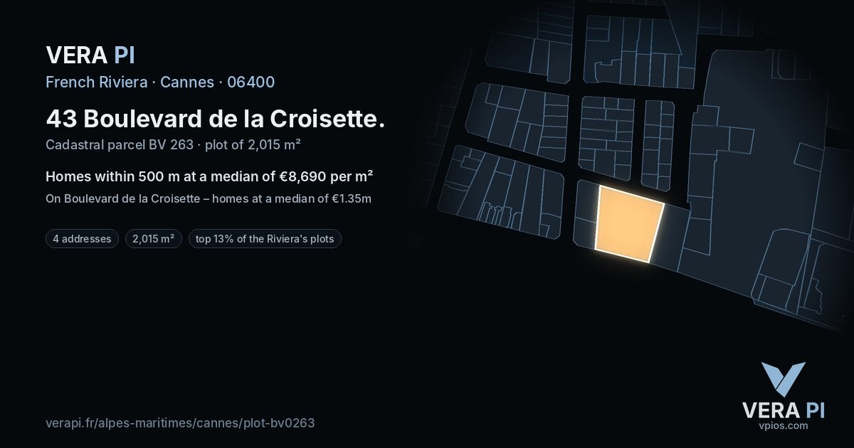 43 Boulevard de la Croisette, Cannes at night – the plot lit, the parcels around coloured by the prices near them