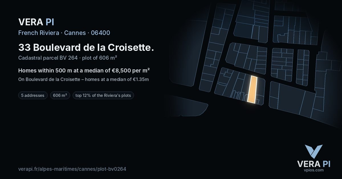 33 Boulevard de la Croisette, Cannes at night – the plot lit, the parcels around coloured by the prices near them