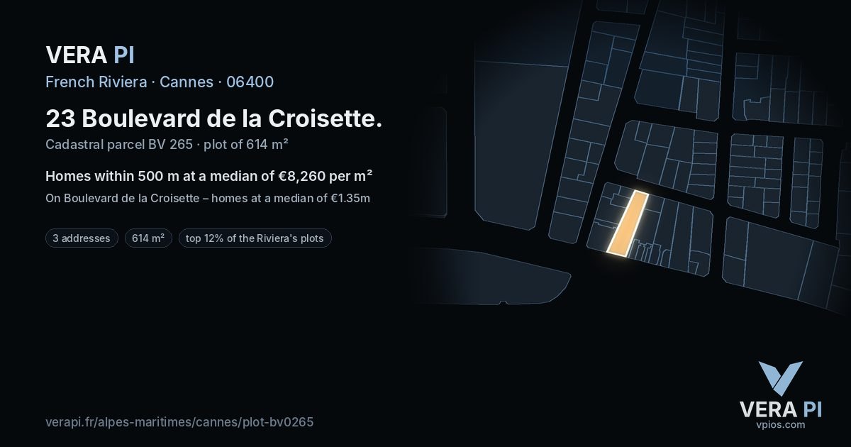 23 Boulevard de la Croisette, Cannes at night – the plot lit, the parcels around coloured by the prices near them