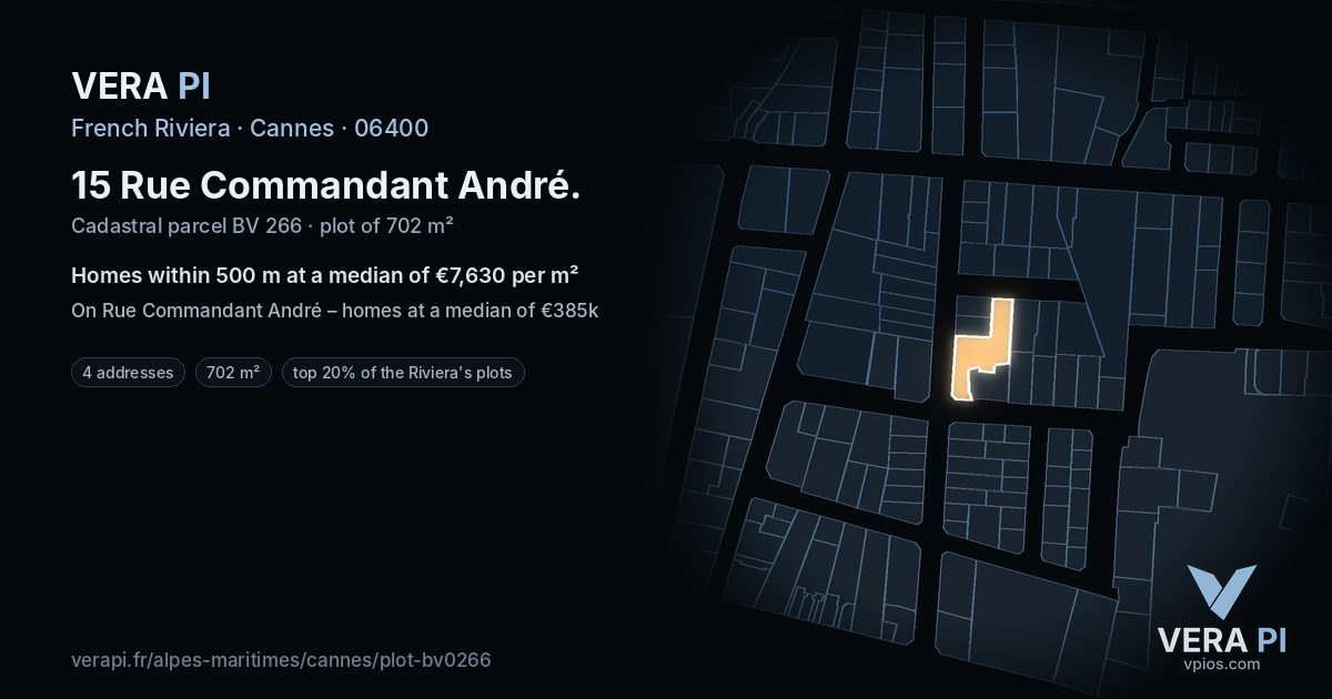 15 Rue Commandant André, Cannes at night – the plot lit, the parcels around coloured by the prices near them