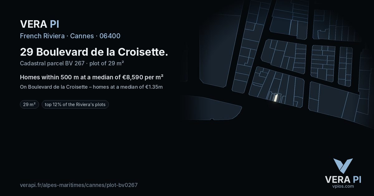 29 Boulevard de la Croisette, Cannes at night – the plot lit, the parcels around coloured by the prices near them