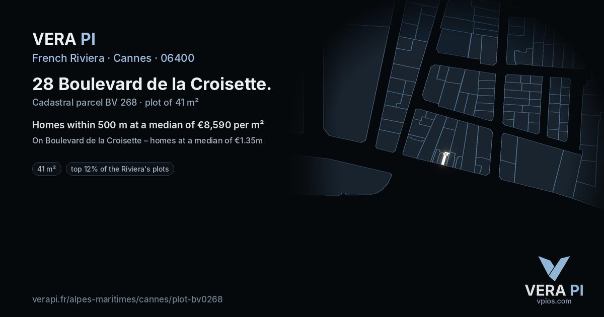 28 Boulevard de la Croisette, Cannes at night – the plot lit, the parcels around coloured by the prices near them
