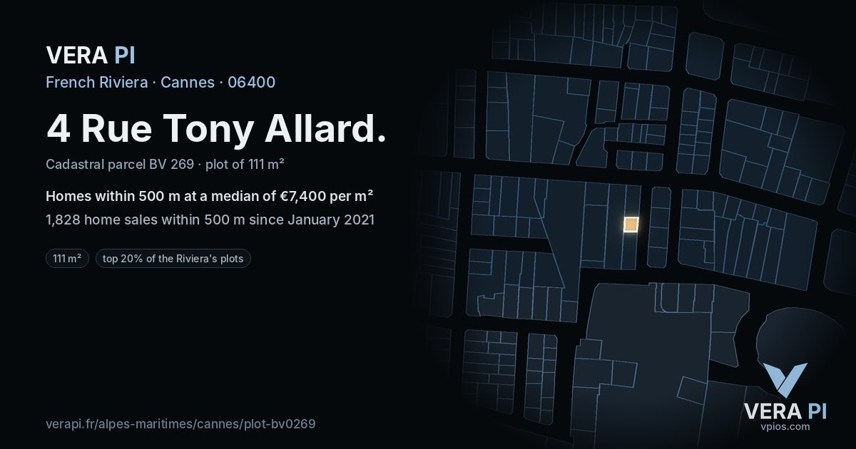 4 Rue Tony Allard, Cannes at night – the plot lit, the parcels around coloured by the prices near them