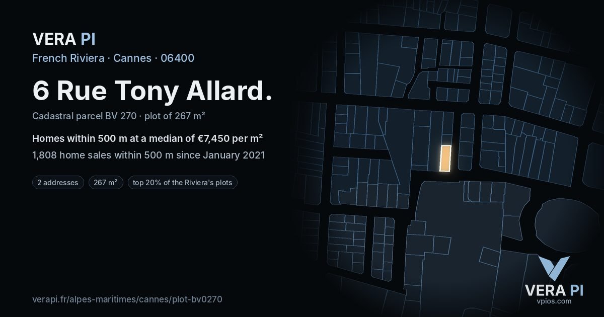 6 Rue Tony Allard, Cannes at night – the plot lit, the parcels around coloured by the prices near them