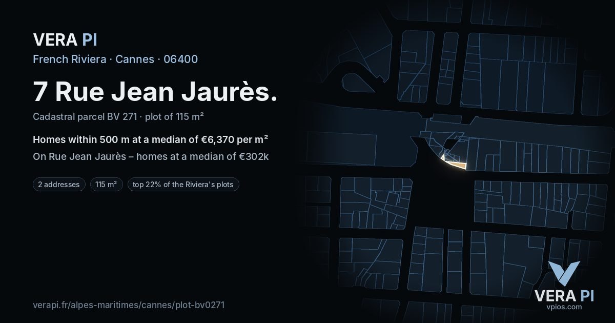 7 Rue Jean Jaurès, Cannes at night – the plot lit, the parcels around coloured by the prices near them
