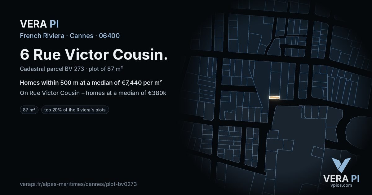 6 Rue Victor Cousin, Cannes at night – the plot lit, the parcels around coloured by the prices near them