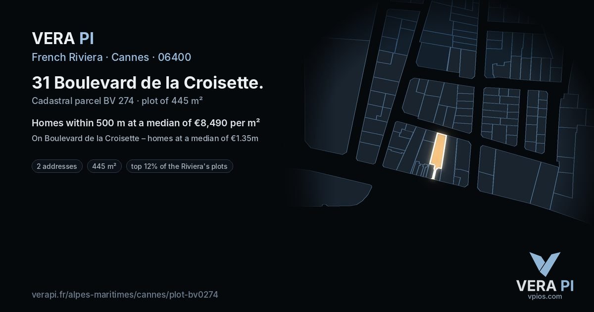31 Boulevard de la Croisette, Cannes at night – the plot lit, the parcels around coloured by the prices near them