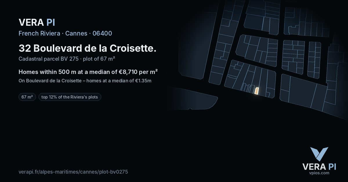 32 Boulevard de la Croisette, Cannes at night – the plot lit, the parcels around coloured by the prices near them