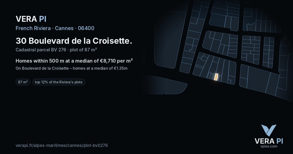 30 Boulevard de la Croisette, Cannes at night – the plot lit, the parcels around coloured by the prices near them