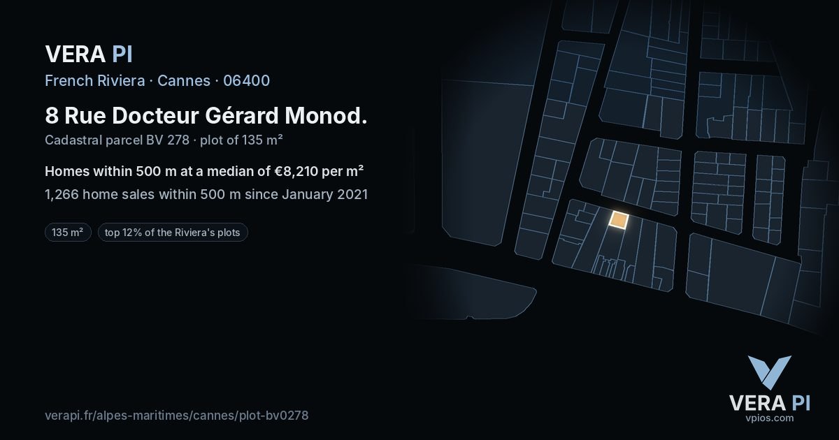 8 Rue Docteur Gérard Monod, Cannes at night – the plot lit, the parcels around coloured by the prices near them
