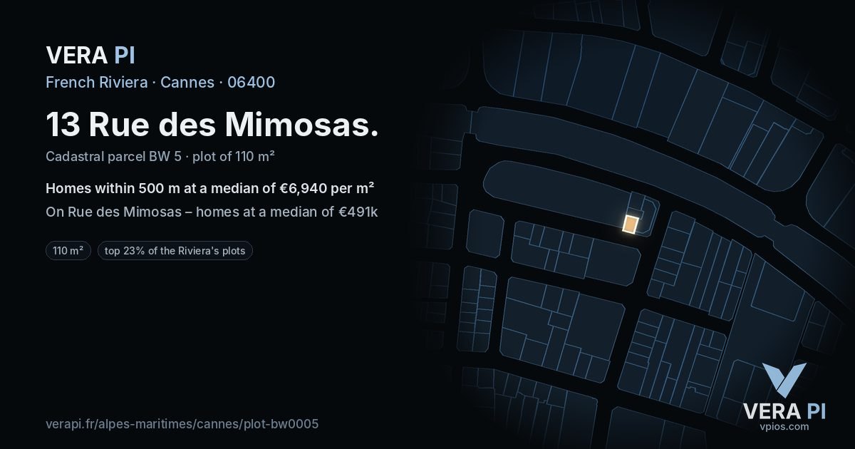 13 Rue des Mimosas, Cannes at night – the plot lit, the parcels around coloured by the prices near them