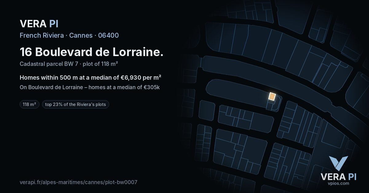 16 Boulevard de Lorraine, Cannes at night – the plot lit, the parcels around coloured by the prices near them