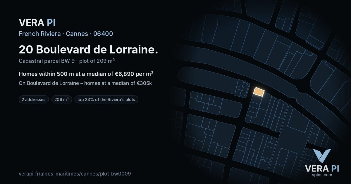 20 Boulevard de Lorraine, Cannes at night – the plot lit, the parcels around coloured by the prices near them