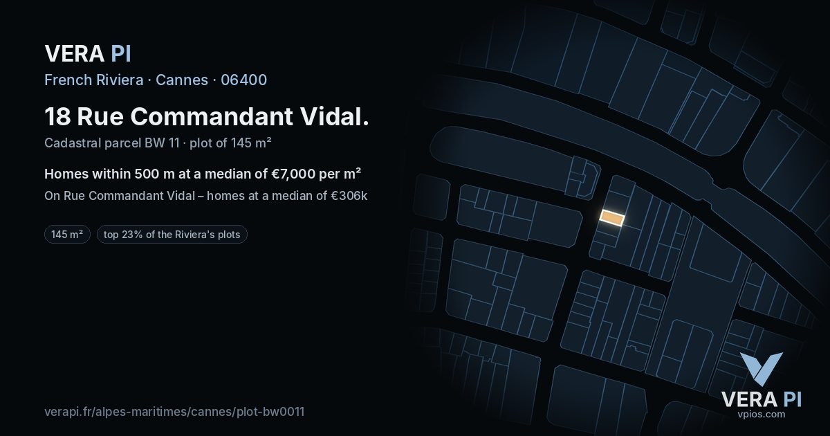 18 Rue Commandant Vidal, Cannes at night – the plot lit, the parcels around coloured by the prices near them