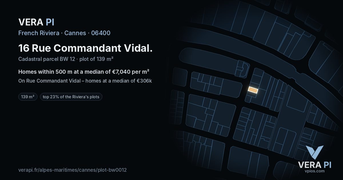 16 Rue Commandant Vidal, Cannes at night – the plot lit, the parcels around coloured by the prices near them
