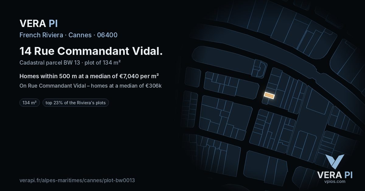 14 Rue Commandant Vidal, Cannes at night – the plot lit, the parcels around coloured by the prices near them