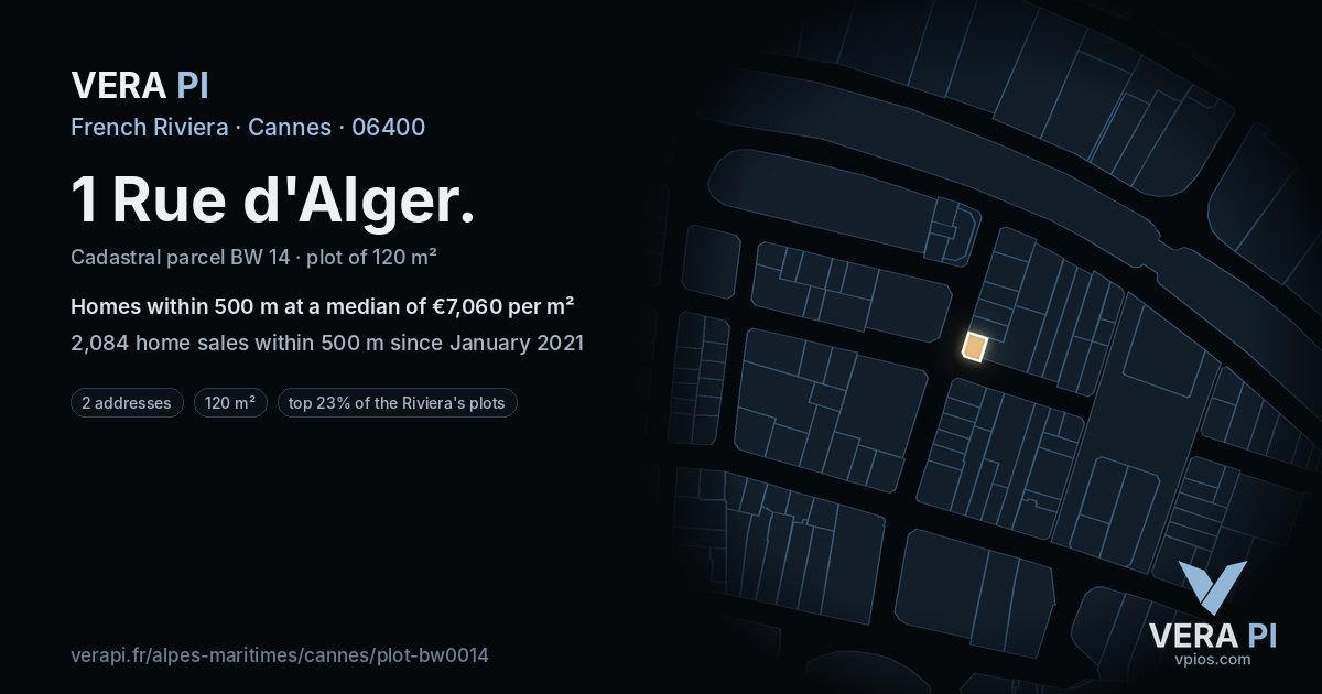 1 Rue d'Alger, Cannes at night – the plot lit, the parcels around coloured by the prices near them