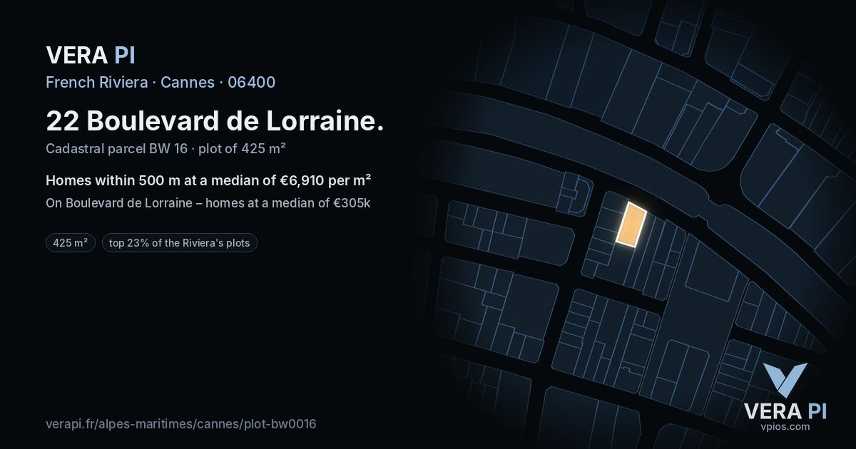 22 Boulevard de Lorraine, Cannes at night – the plot lit, the parcels around coloured by the prices near them