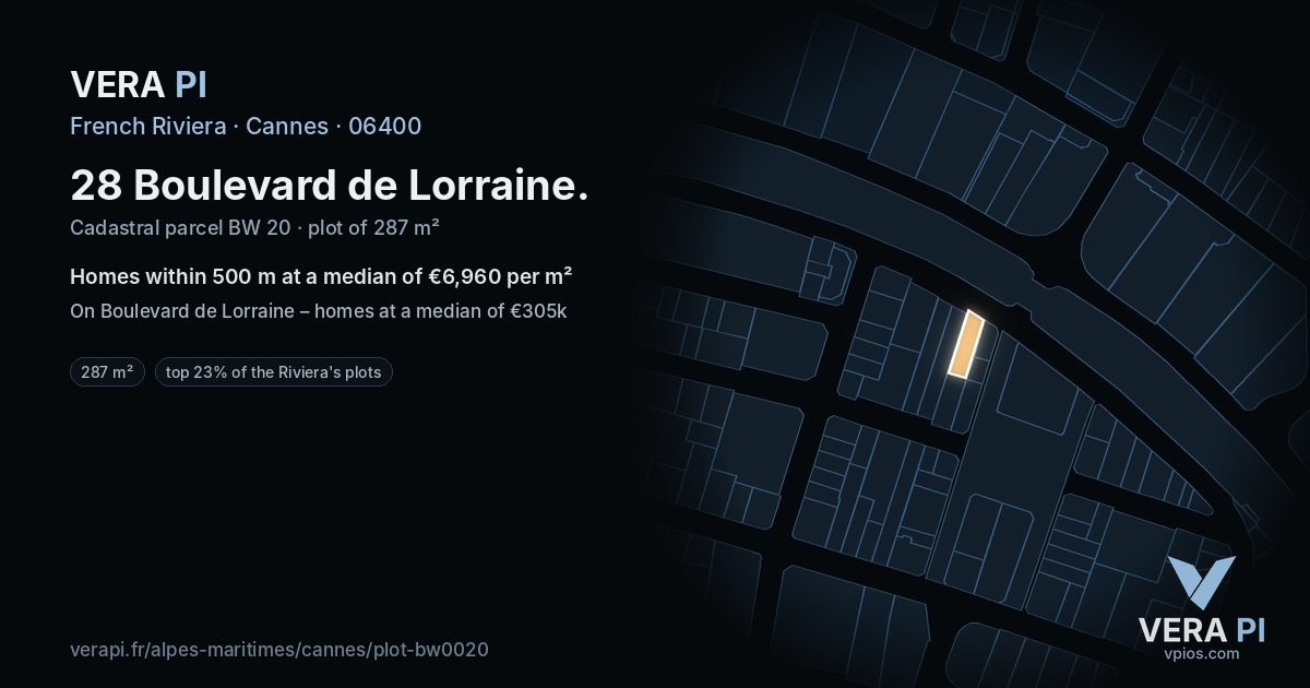 28 Boulevard de Lorraine, Cannes at night – the plot lit, the parcels around coloured by the prices near them