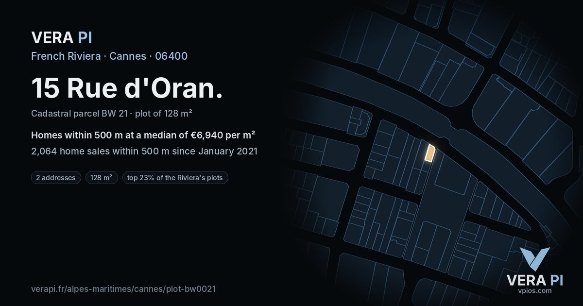 15 Rue d'Oran, Cannes at night – the plot lit, the parcels around coloured by the prices near them