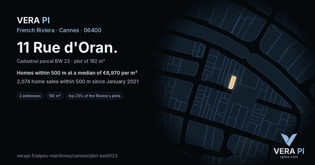11 Rue d'Oran, Cannes at night – the plot lit, the parcels around coloured by the prices near them