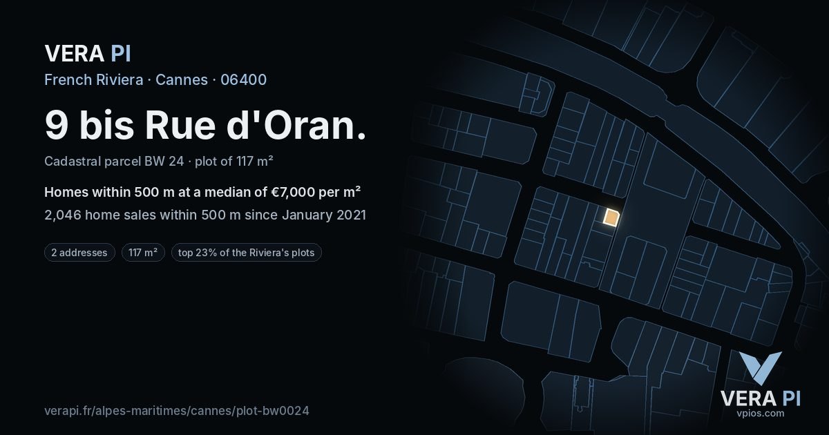 9 bis Rue d'Oran, Cannes at night – the plot lit, the parcels around coloured by the prices near them