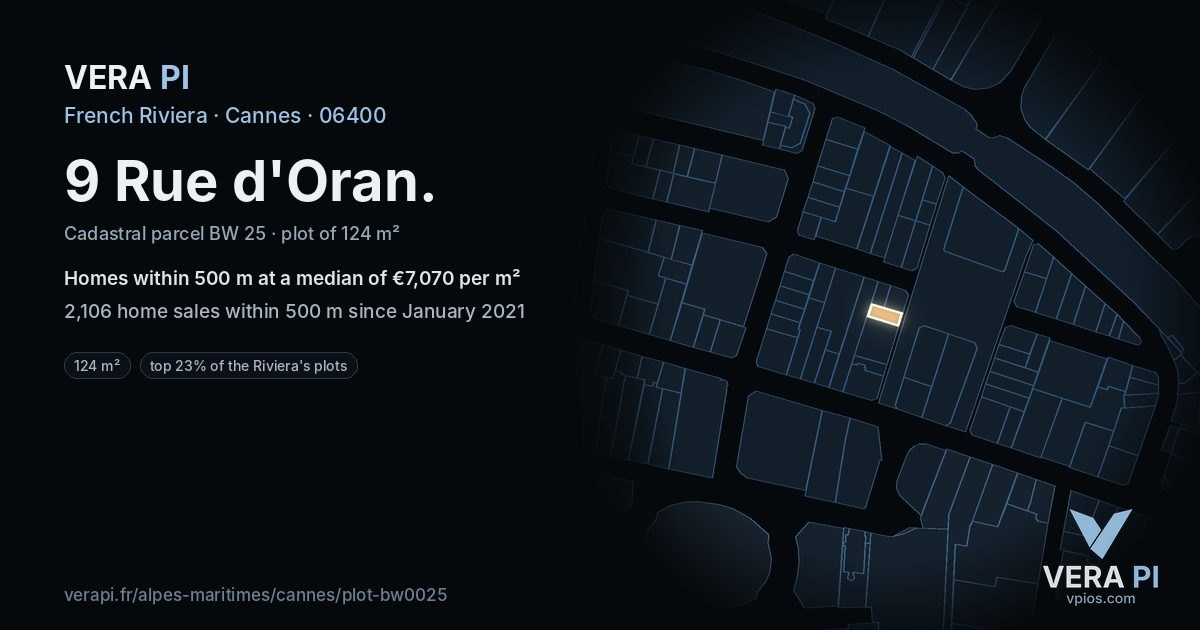 9 Rue d'Oran, Cannes at night – the plot lit, the parcels around coloured by the prices near them