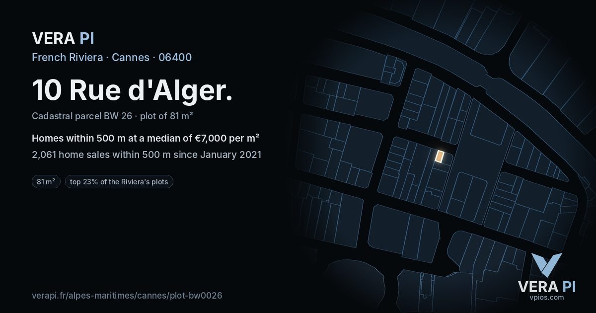 10 Rue d'Alger, Cannes at night – the plot lit, the parcels around coloured by the prices near them