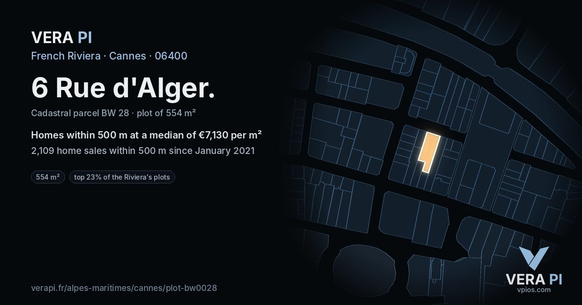 6 Rue d'Alger, Cannes at night – the plot lit, the parcels around coloured by the prices near them