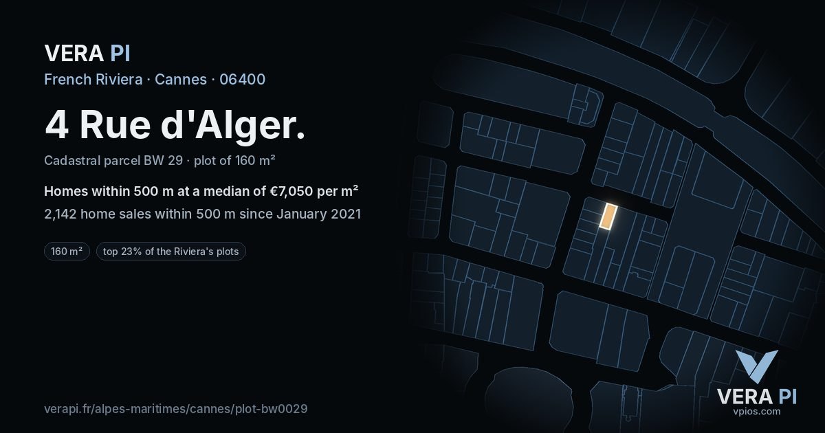 4 Rue d'Alger, Cannes at night – the plot lit, the parcels around coloured by the prices near them