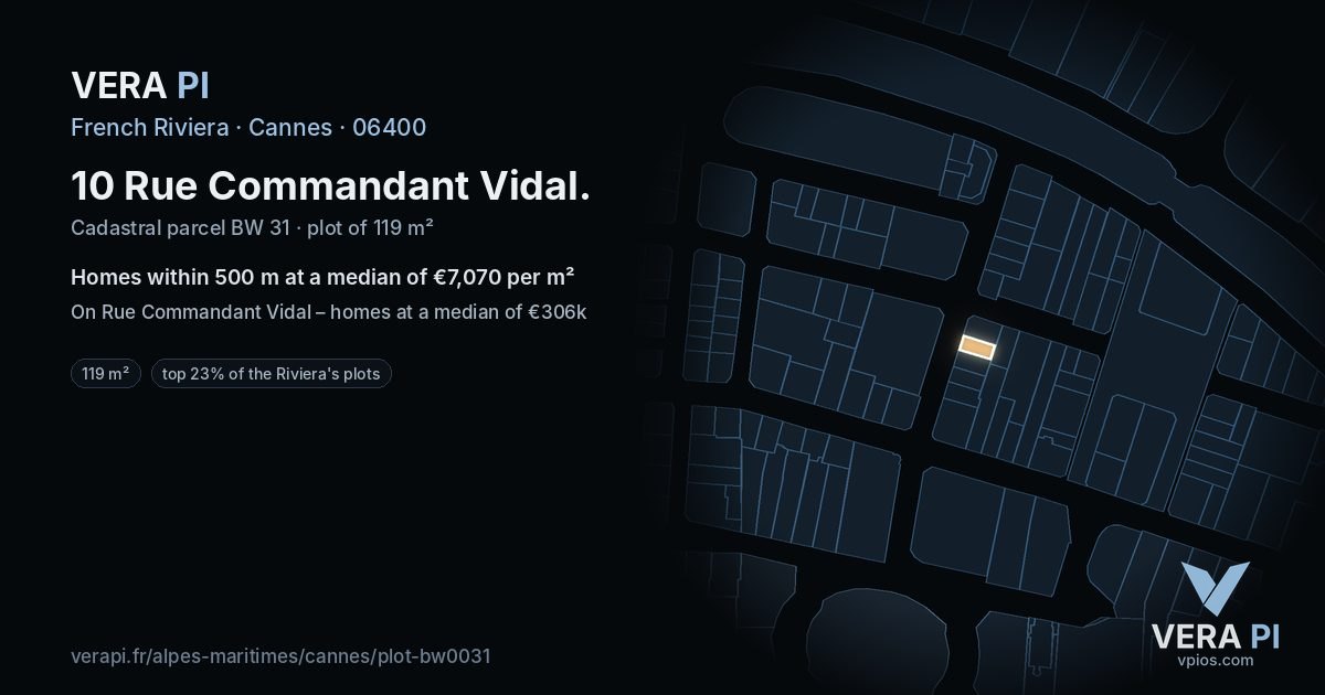 10 Rue Commandant Vidal, Cannes at night – the plot lit, the parcels around coloured by the prices near them
