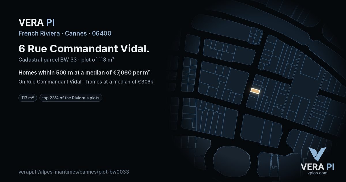 6 Rue Commandant Vidal, Cannes at night – the plot lit, the parcels around coloured by the prices near them