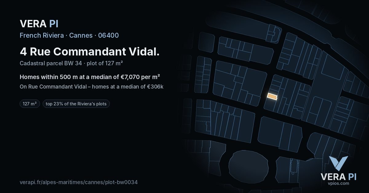 4 Rue Commandant Vidal, Cannes at night – the plot lit, the parcels around coloured by the prices near them