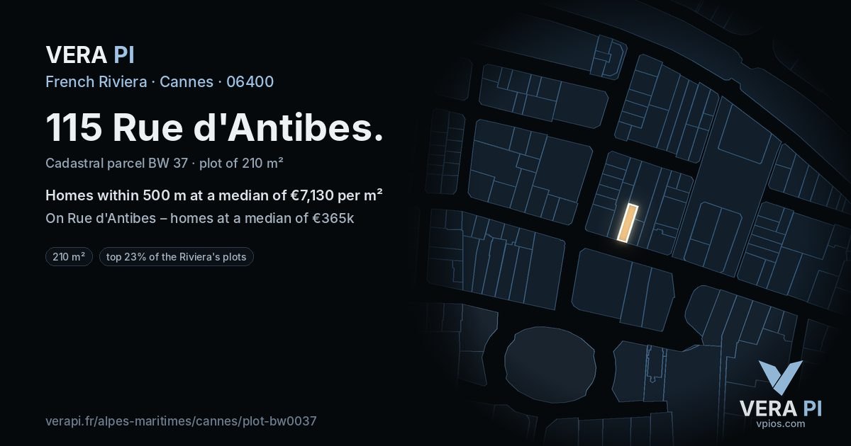 115 Rue d'Antibes, Cannes at night – the plot lit, the parcels around coloured by the prices near them
