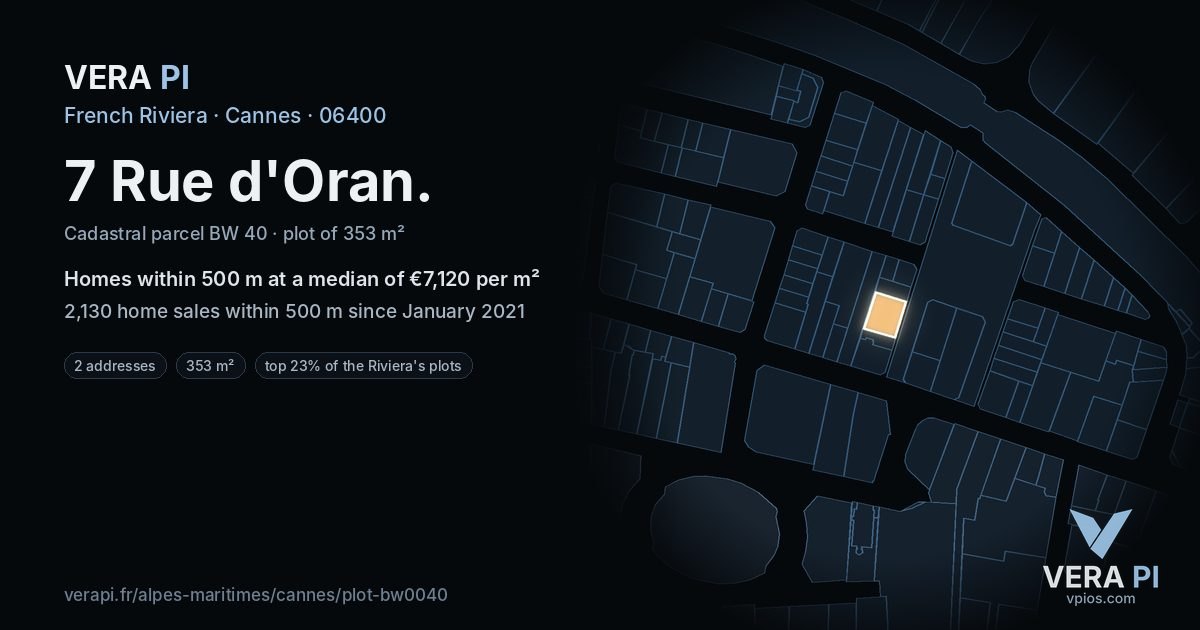 7 Rue d'Oran, Cannes at night – the plot lit, the parcels around coloured by the prices near them