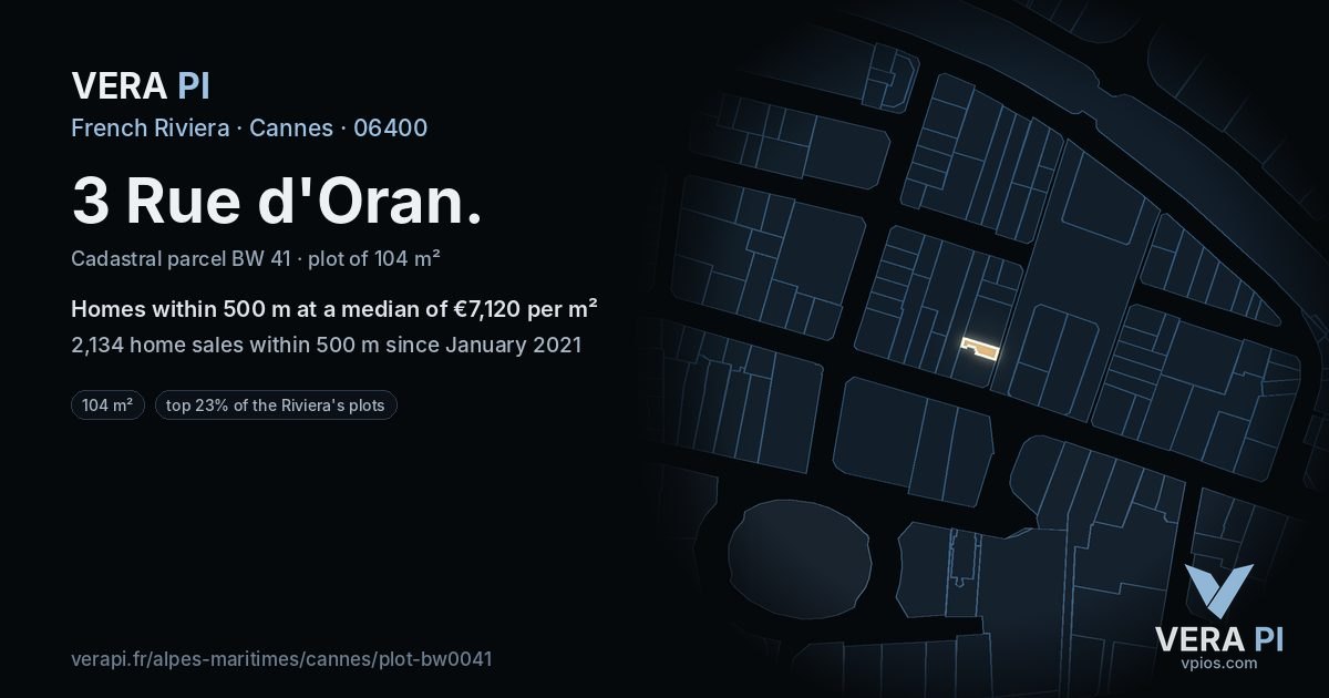 3 Rue d'Oran, Cannes at night – the plot lit, the parcels around coloured by the prices near them