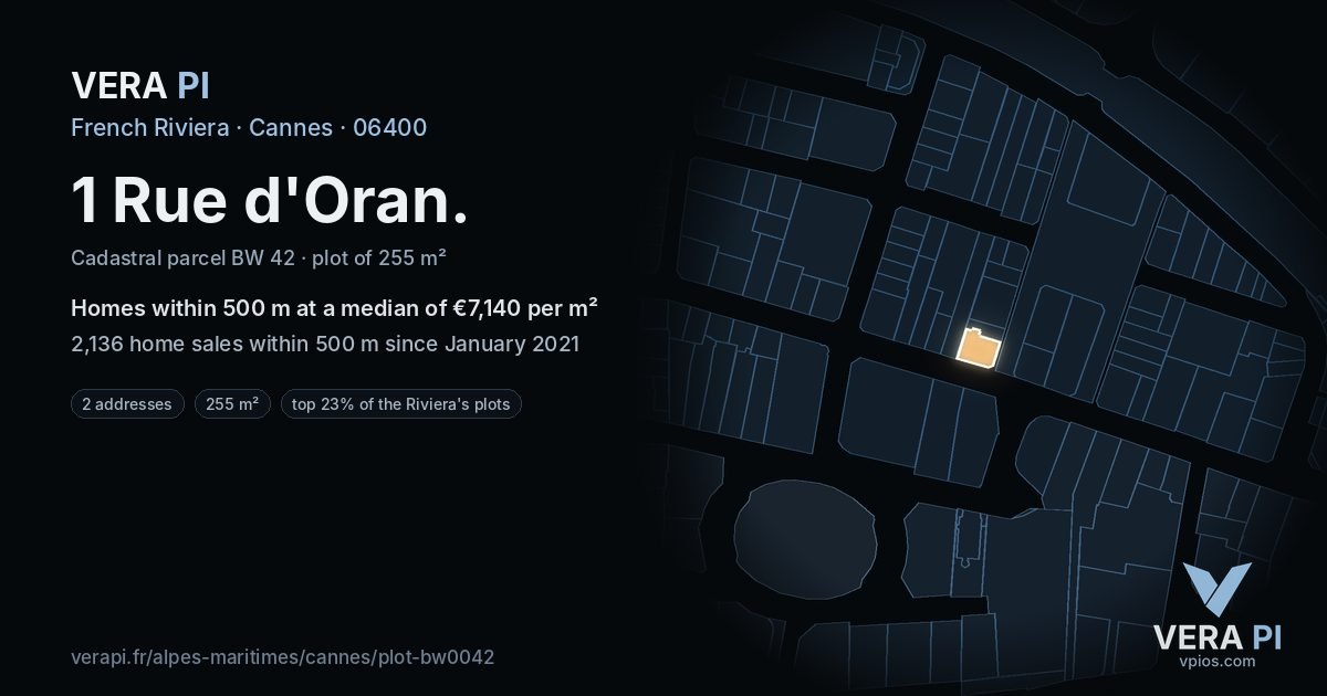 1 Rue d'Oran, Cannes at night – the plot lit, the parcels around coloured by the prices near them