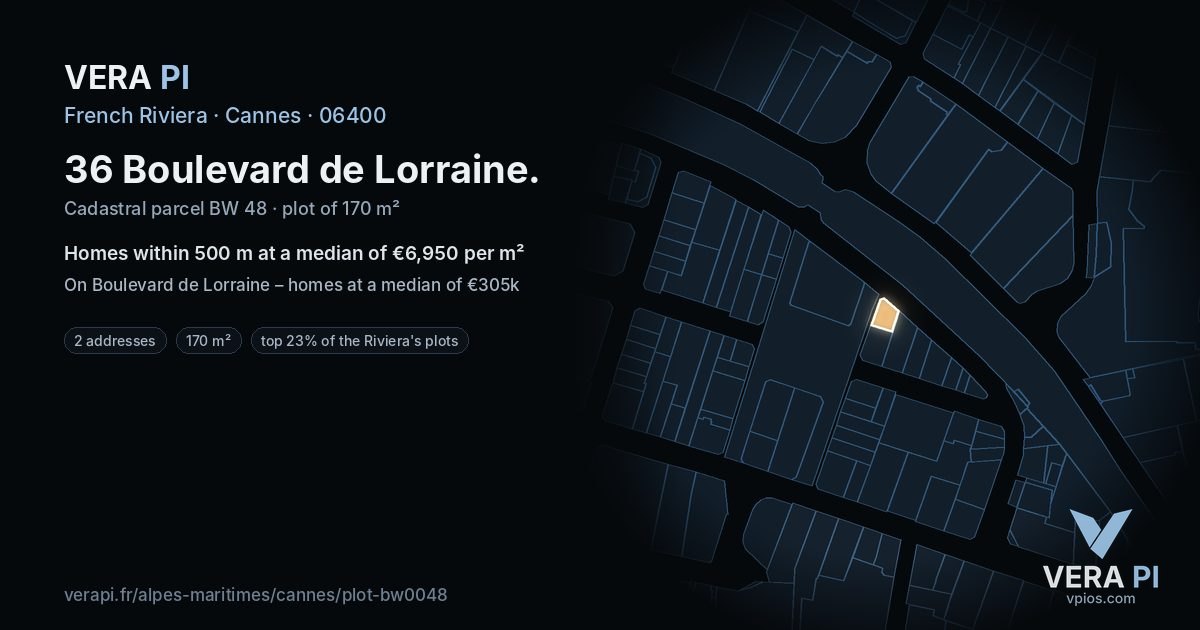 36 Boulevard de Lorraine, Cannes at night – the plot lit, the parcels around coloured by the prices near them