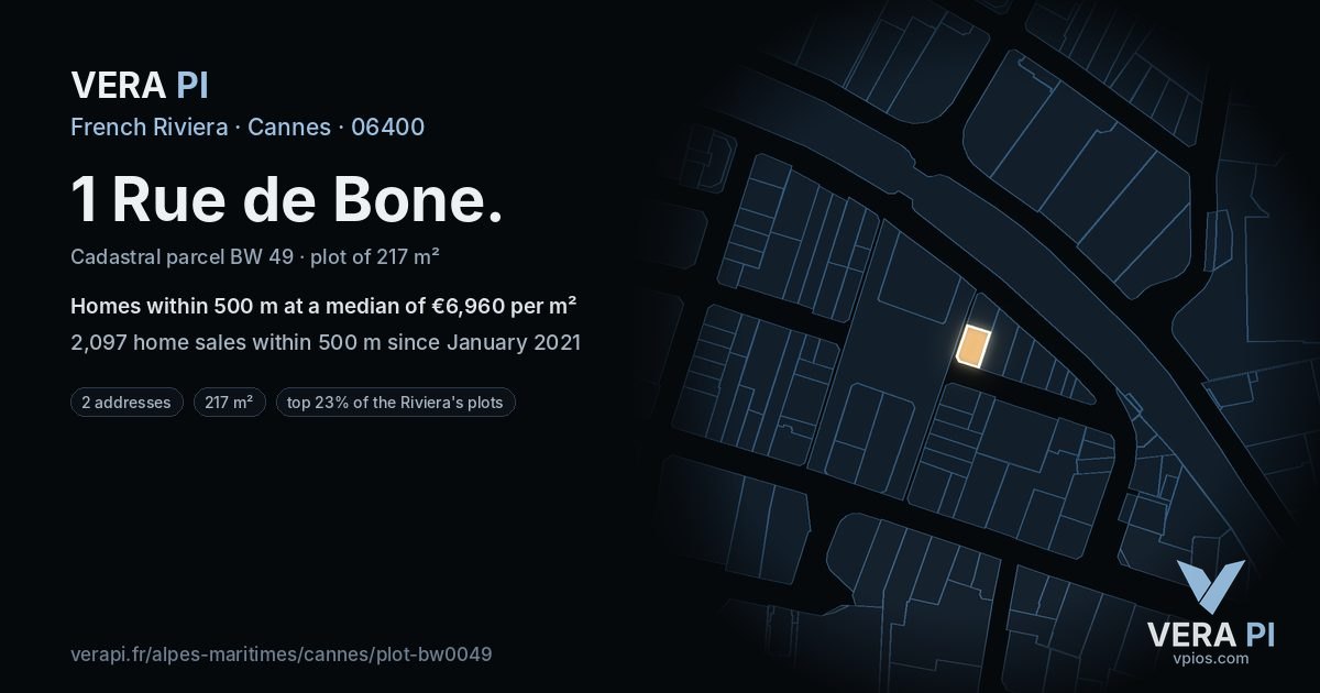 1 Rue de Bone, Cannes at night – the plot lit, the parcels around coloured by the prices near them