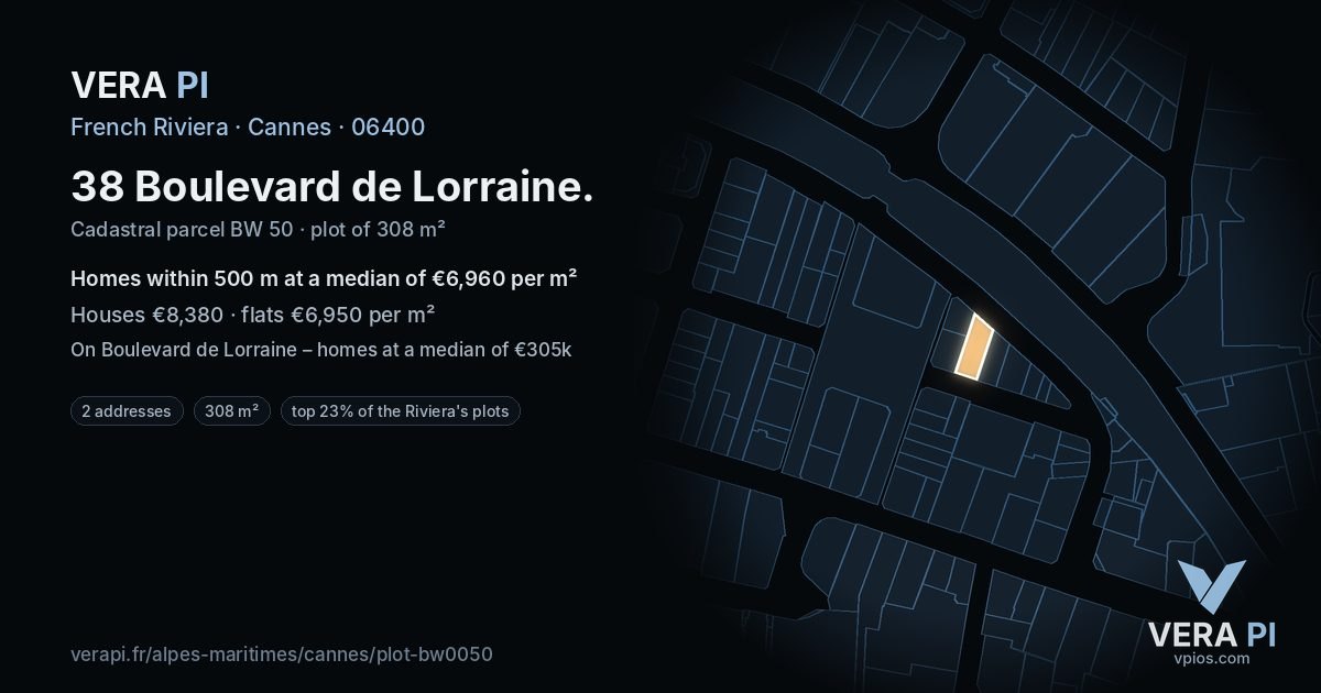 38 Boulevard de Lorraine, Cannes at night – the plot lit, the parcels around coloured by the prices near them