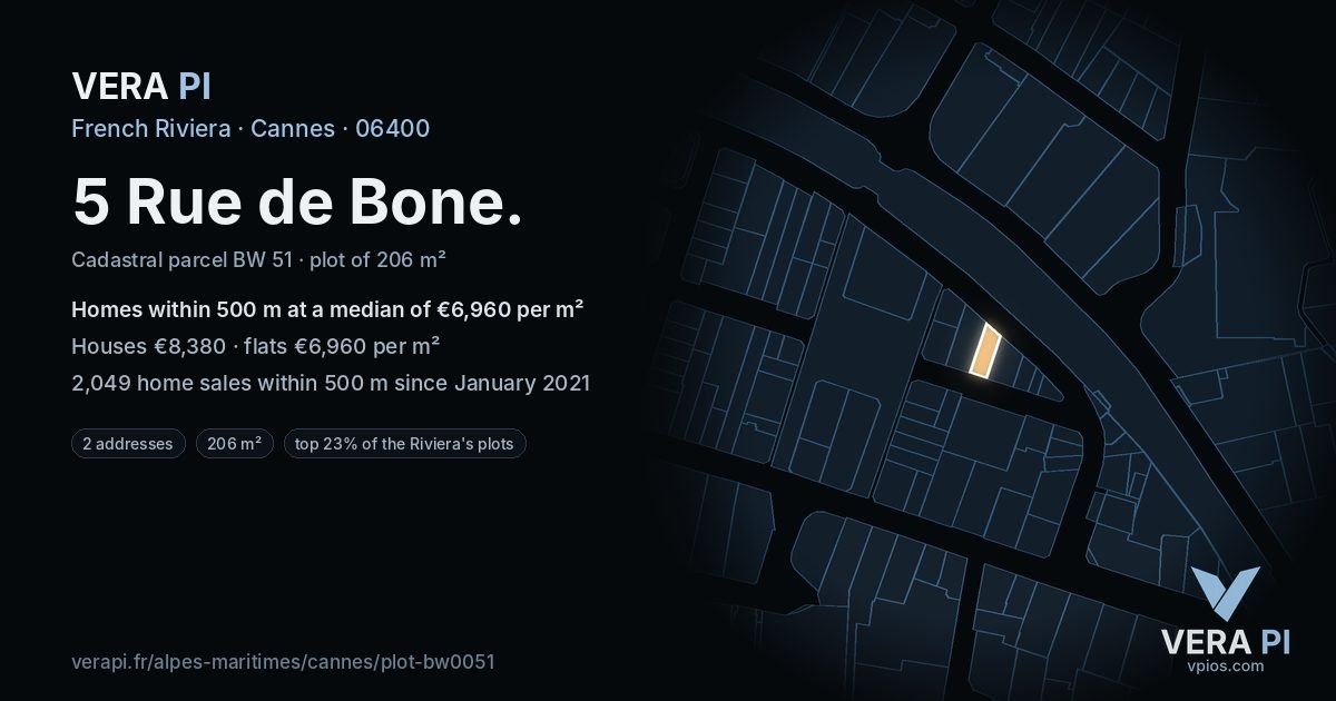 5 Rue de Bone, Cannes at night – the plot lit, the parcels around coloured by the prices near them