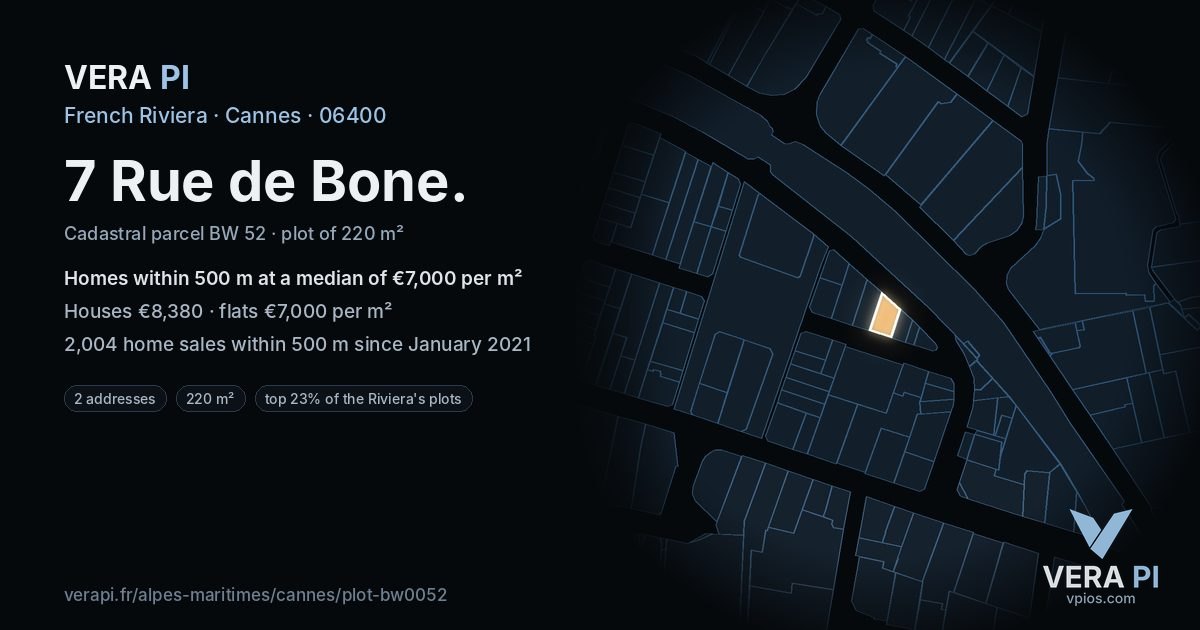 7 Rue de Bone, Cannes at night – the plot lit, the parcels around coloured by the prices near them