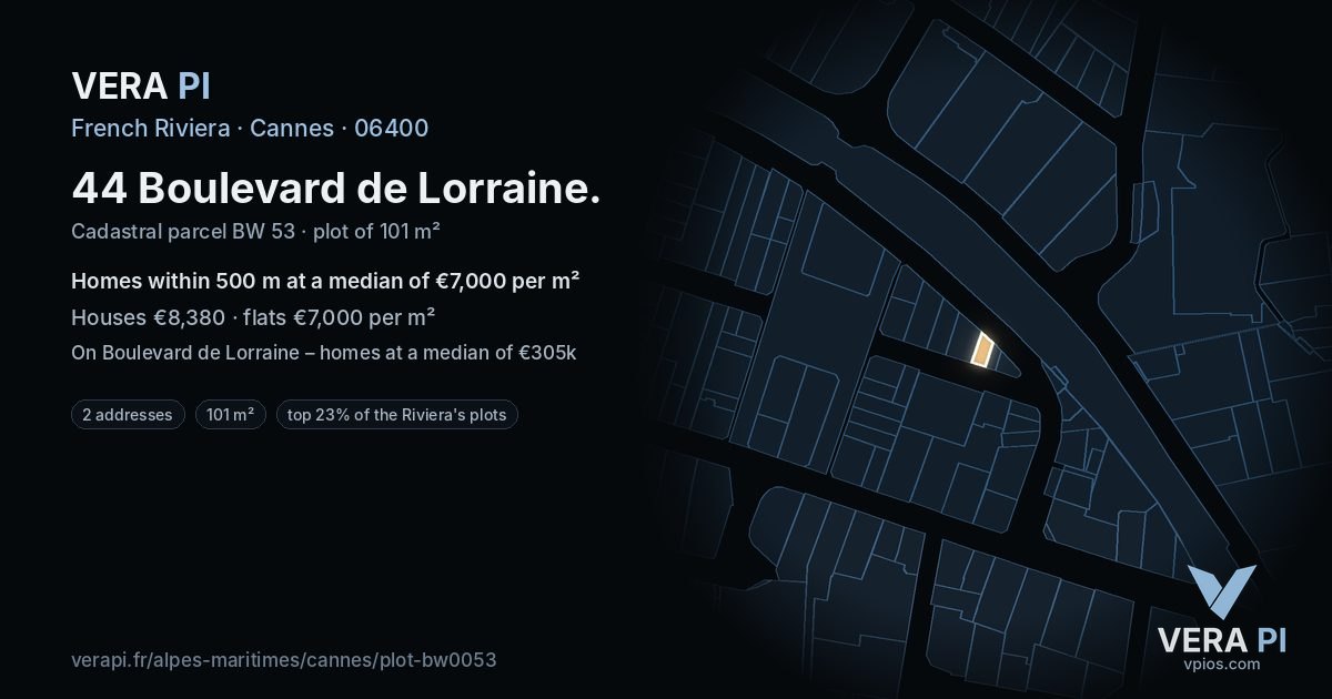 44 Boulevard de Lorraine, Cannes at night – the plot lit, the parcels around coloured by the prices near them