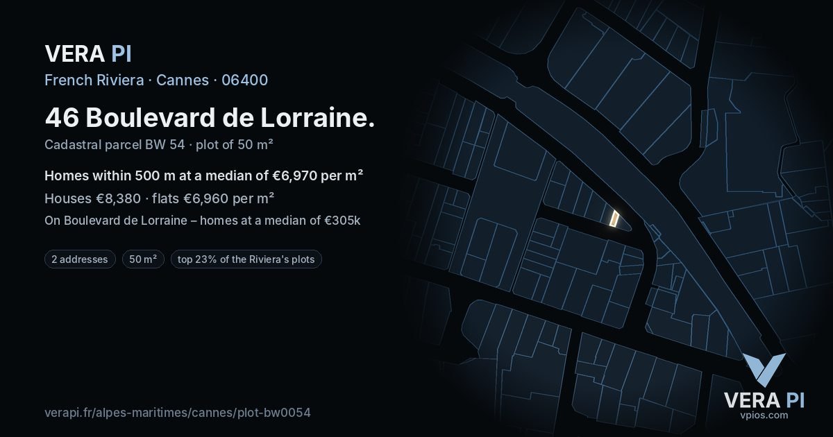 46 Boulevard de Lorraine, Cannes at night – the plot lit, the parcels around coloured by the prices near them