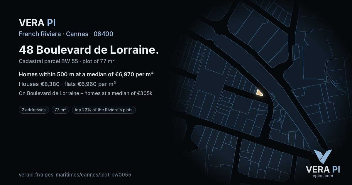 48 Boulevard de Lorraine, Cannes at night – the plot lit, the parcels around coloured by the prices near them