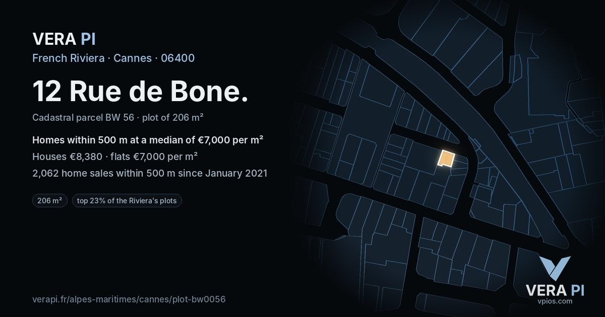 12 Rue de Bone, Cannes at night – the plot lit, the parcels around coloured by the prices near them