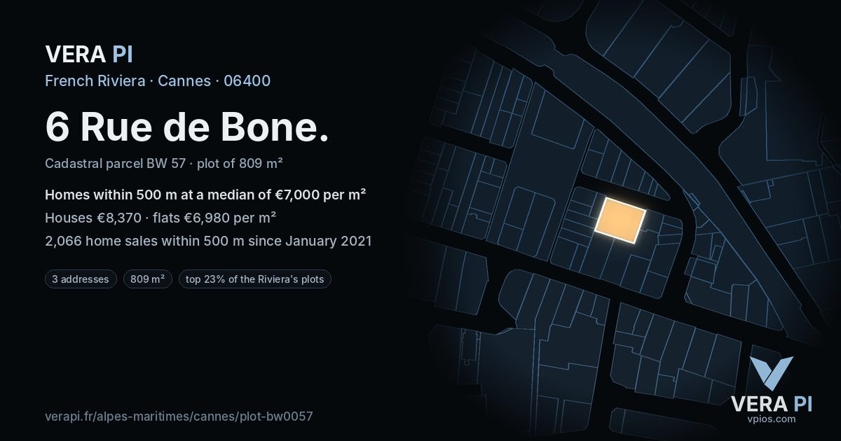 6 Rue de Bone, Cannes at night – the plot lit, the parcels around coloured by the prices near them