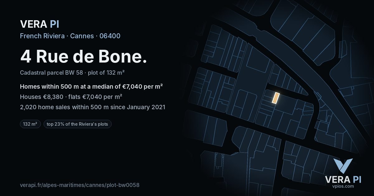 4 Rue de Bone, Cannes at night – the plot lit, the parcels around coloured by the prices near them